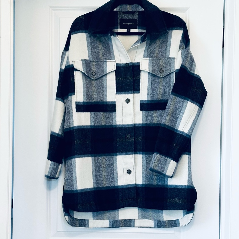 BANANA REPUBLIC Shacket Cozy Buffalo Plaid Blues White Cotton Wool Sz S M L